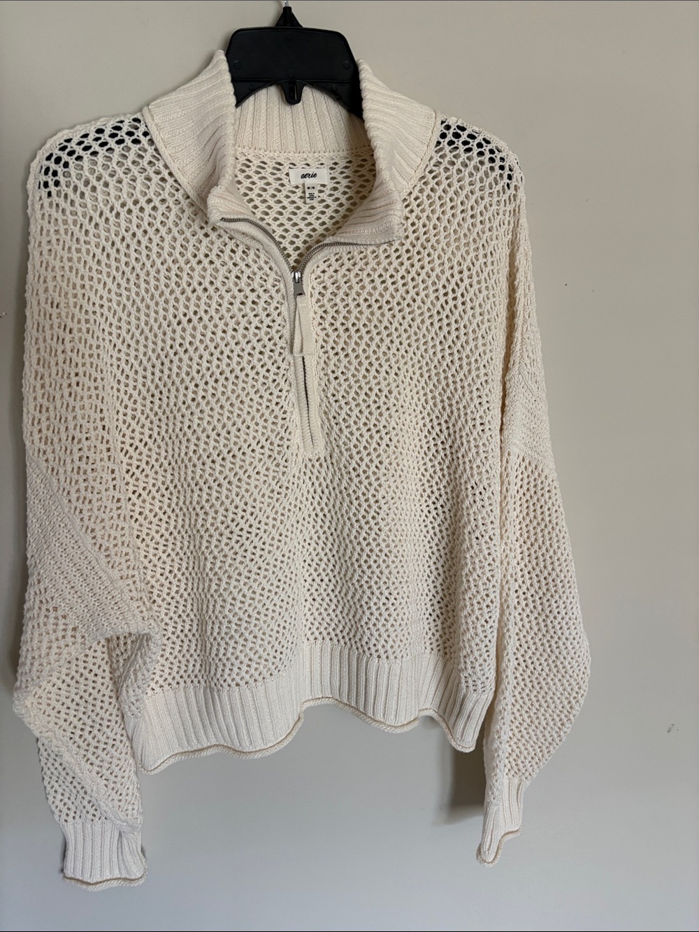 aerie Open-Weave Cream Half-Zip Turtleneck Sweater
